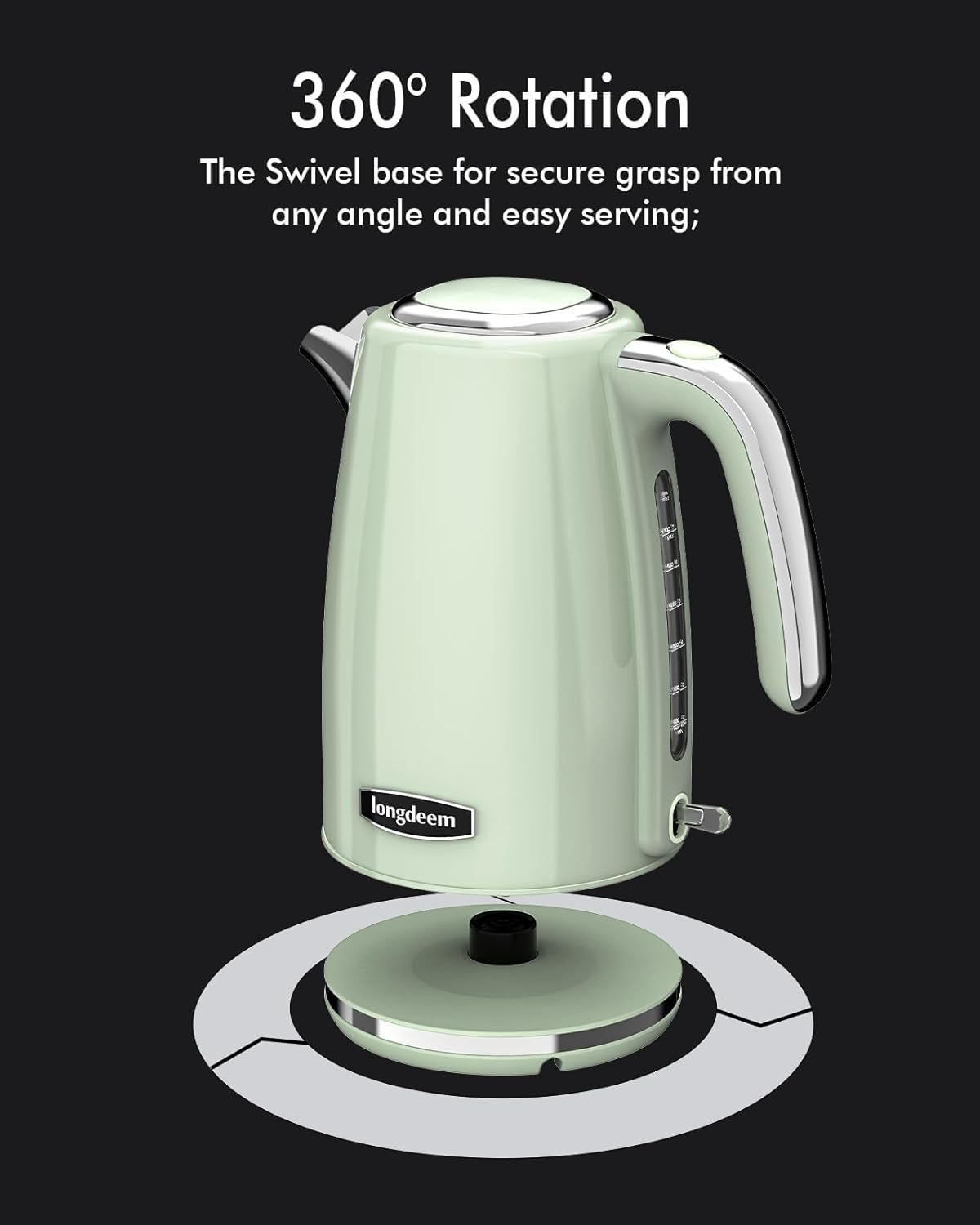 LONGDEEM Retro Green Electric Kettle - 1.7L, 1500W Fast Boil, Non-BPA, Stainless Steel Interior for Coffee and Tea, Quick Boil, Auto Shut-Off, Boil-Dry Protection, Green