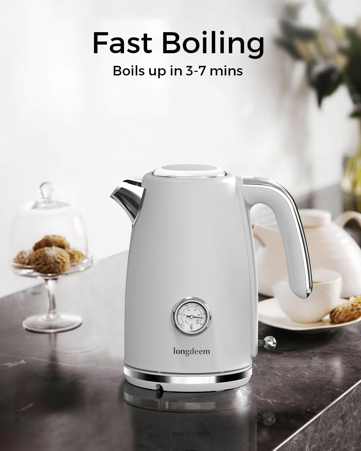 LONGDEEM Electric Kettle Quick Heating, Hot Tea Water Boiler with Thermometer 1.7L Stainless Steel Cordless LED Indicator 1500W, Auto Shut-Off & Boil Dry Protection, Easy to Clean, White