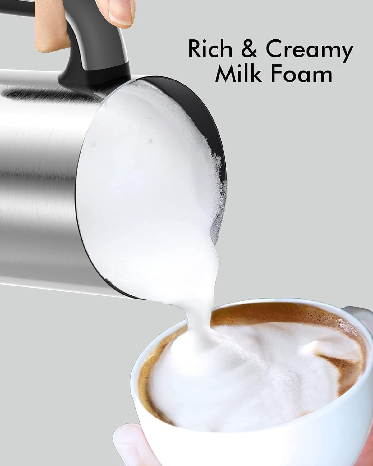 LONGDEEM Milk Frother, 4-in-1 Electric Milk Foamer with Cold & Hot Froth for Latte Cappuccino - Automatic Coffee Foam Maker, Stainless Steel, 10 oz/5 oz, Non-Stick Coating with Auto Shut-Off, Silver