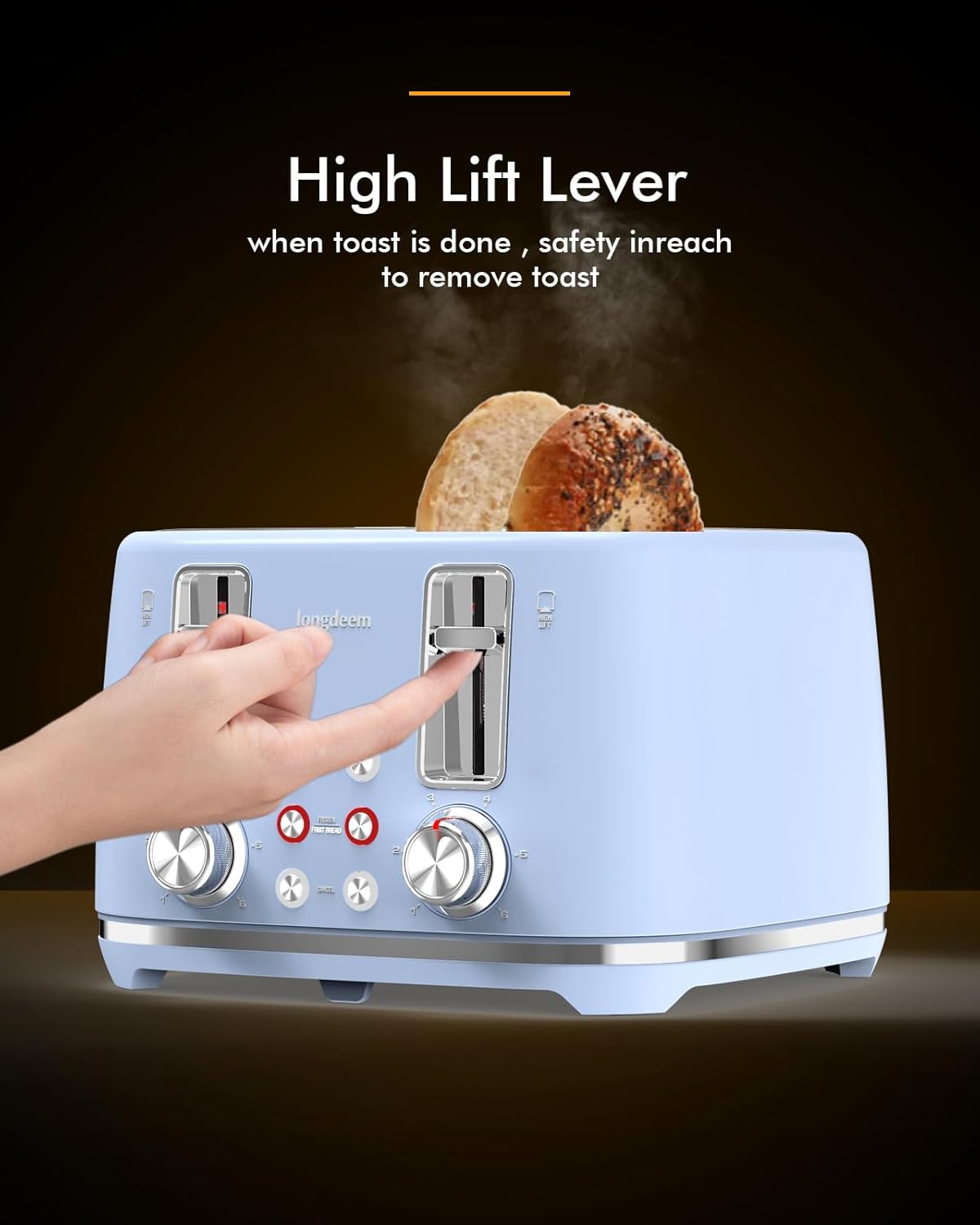 LONGDEEM Toaster 4 Slice, Extra Wide Slots Stainless Steel with High Lift Lever, Dual Independent Controls, Removable Crumb Tray (Blue)