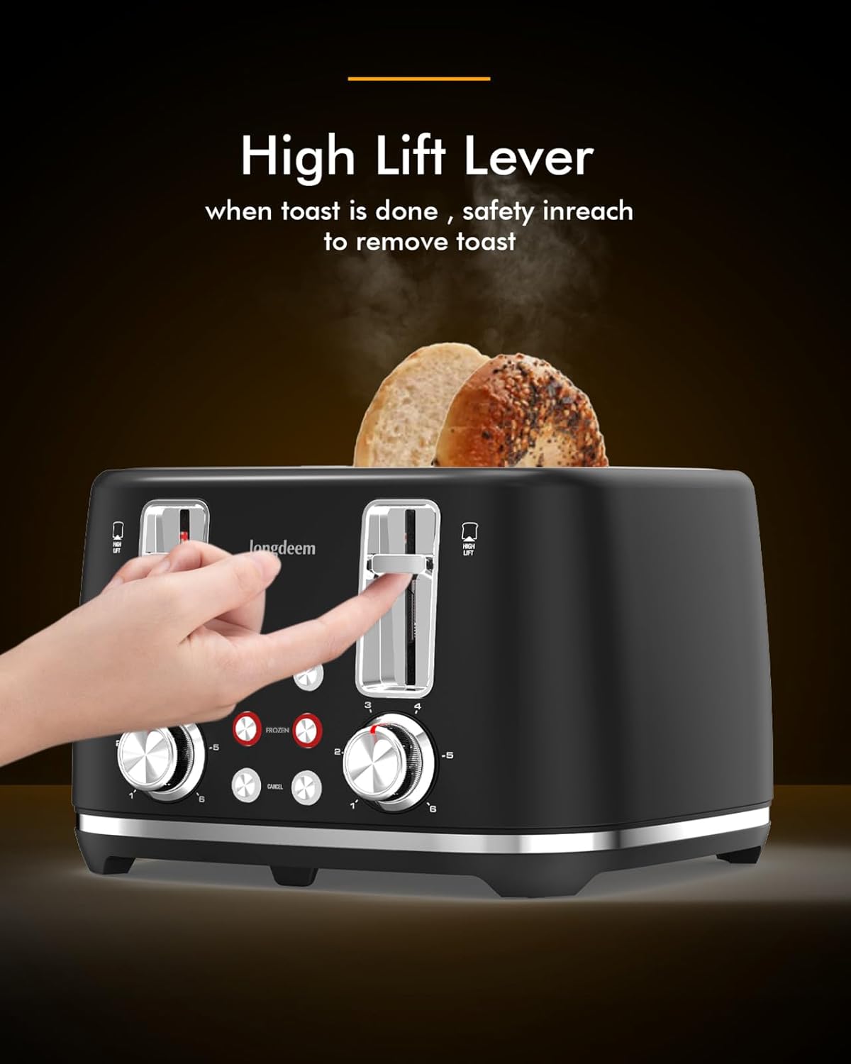 LONGDEEM 4 Slice Toaster, 1.5" Extra Wide Stainless Steel Slots, High Lift Lever, Dual Controls, Removable Crumb Tray, 6 Shade Settings, Bagel & Frozen, Black