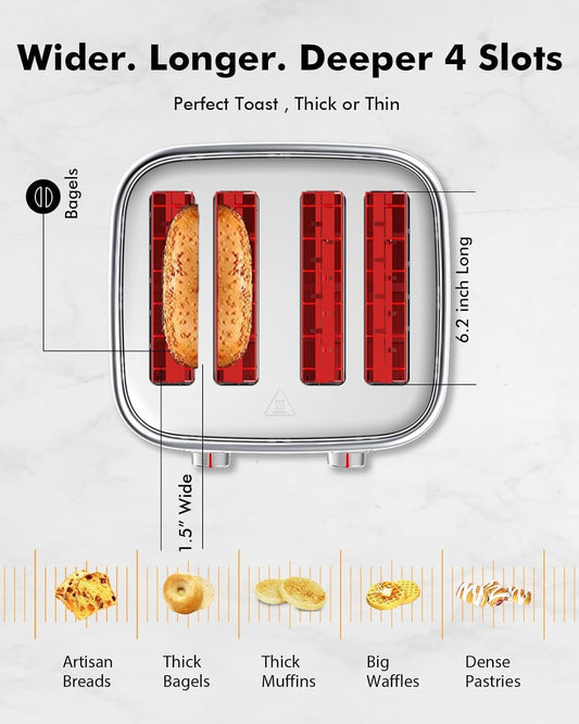 LONGDEEM Retro 4 Slice Toaster with Stainless Steel Wide Slots & Removable Crumb Tray, 6 Browning Options, Auto Shut Off & Frozen Function for Fruit Bread, Bagel, Waffle, Silver