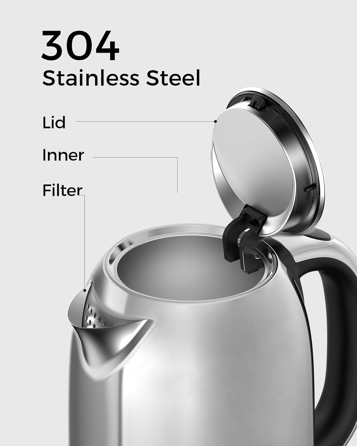 LONGDEEM Fast-Boil Electric Tea Kettle, 1.7L Stainless-Steel Water Heater, 1500W, Cordless Matte Black Design with LED, Auto-Shutoff & Anti-Dry Protection, Silver