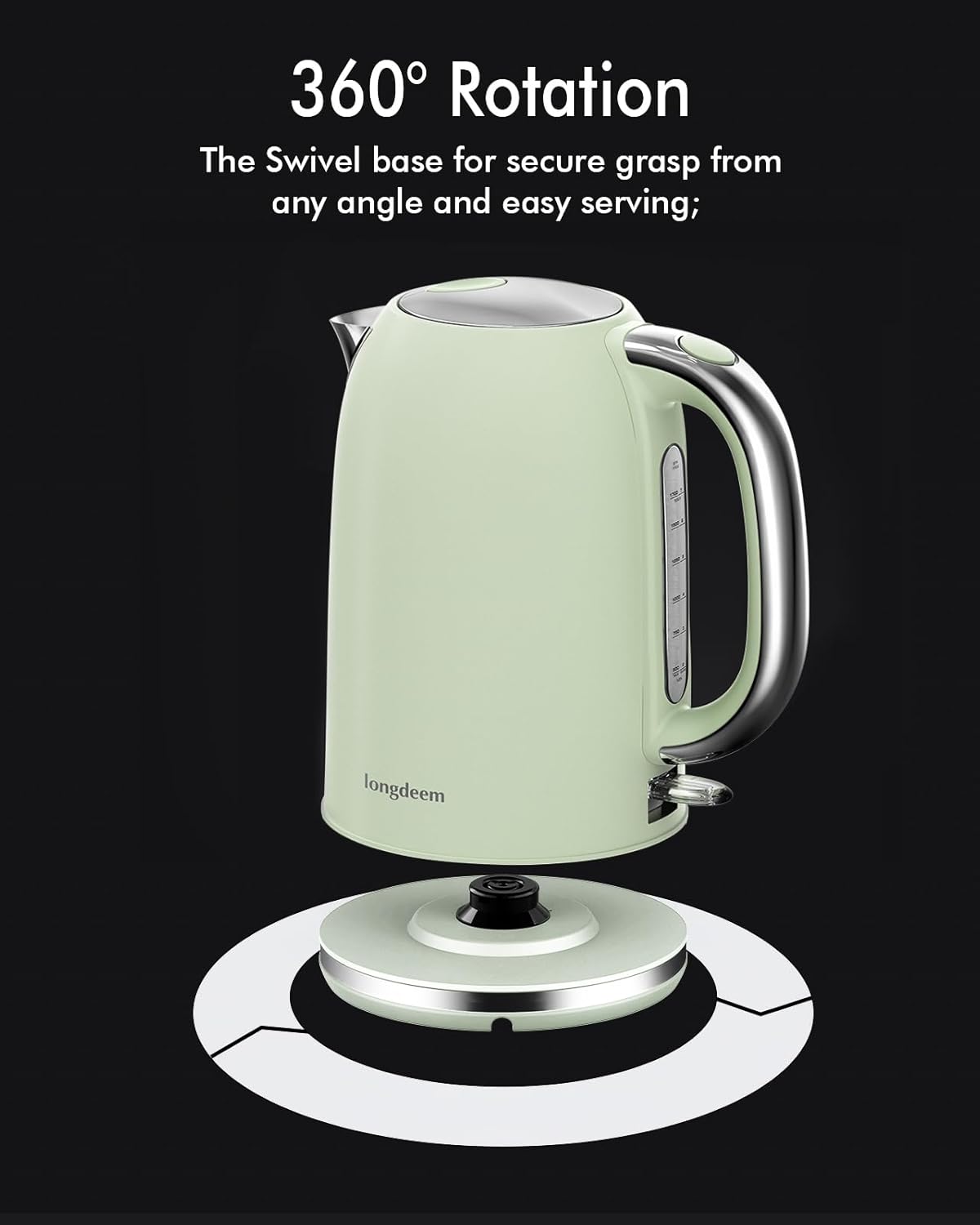 LONGDEEM Electric Tea Kettle for Boiling Water, Wide-Open Lid Stainless Steel Water Boiler, 1500W/1.7L for Coffee/Tea Brewing, Auto Shut-Off & Boil-Dry Protection, Cordless Swivel Base & LED Indicator, Green