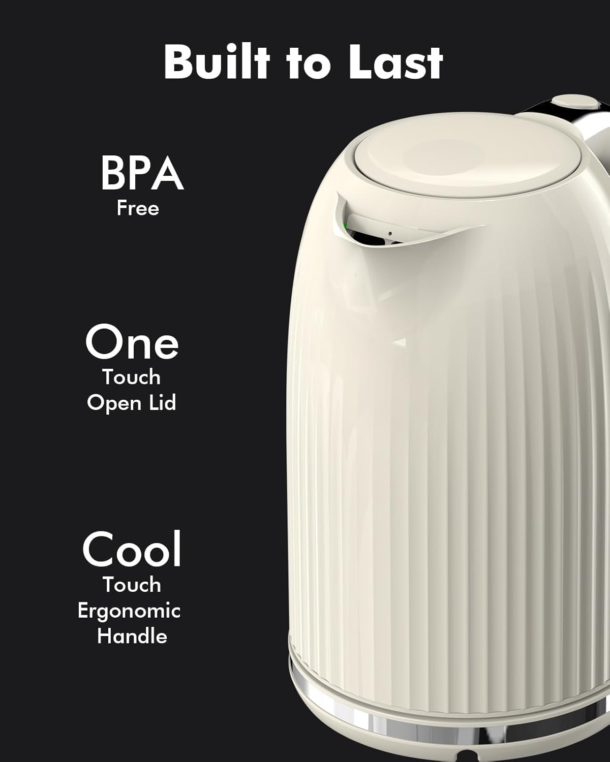 LONGDEEM 1.7L Electric Kettle-Quick Boil, 1500W, Non-BPA, Safety Auto Shut-Off, Boil-Dry Protection, Easy Clean with Wide Opening, Heat-Resistant Handle, 360°Swivel Base, Cream