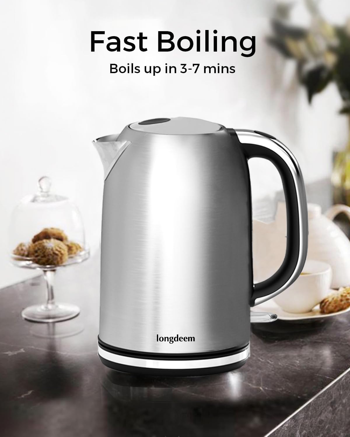 LONGDEEM Fast-Boil Electric Tea Kettle, 1.7L Stainless-Steel Water Heater, 1500W, Cordless Matte Black Design with LED, Auto-Shutoff & Anti-Dry Protection, Silver