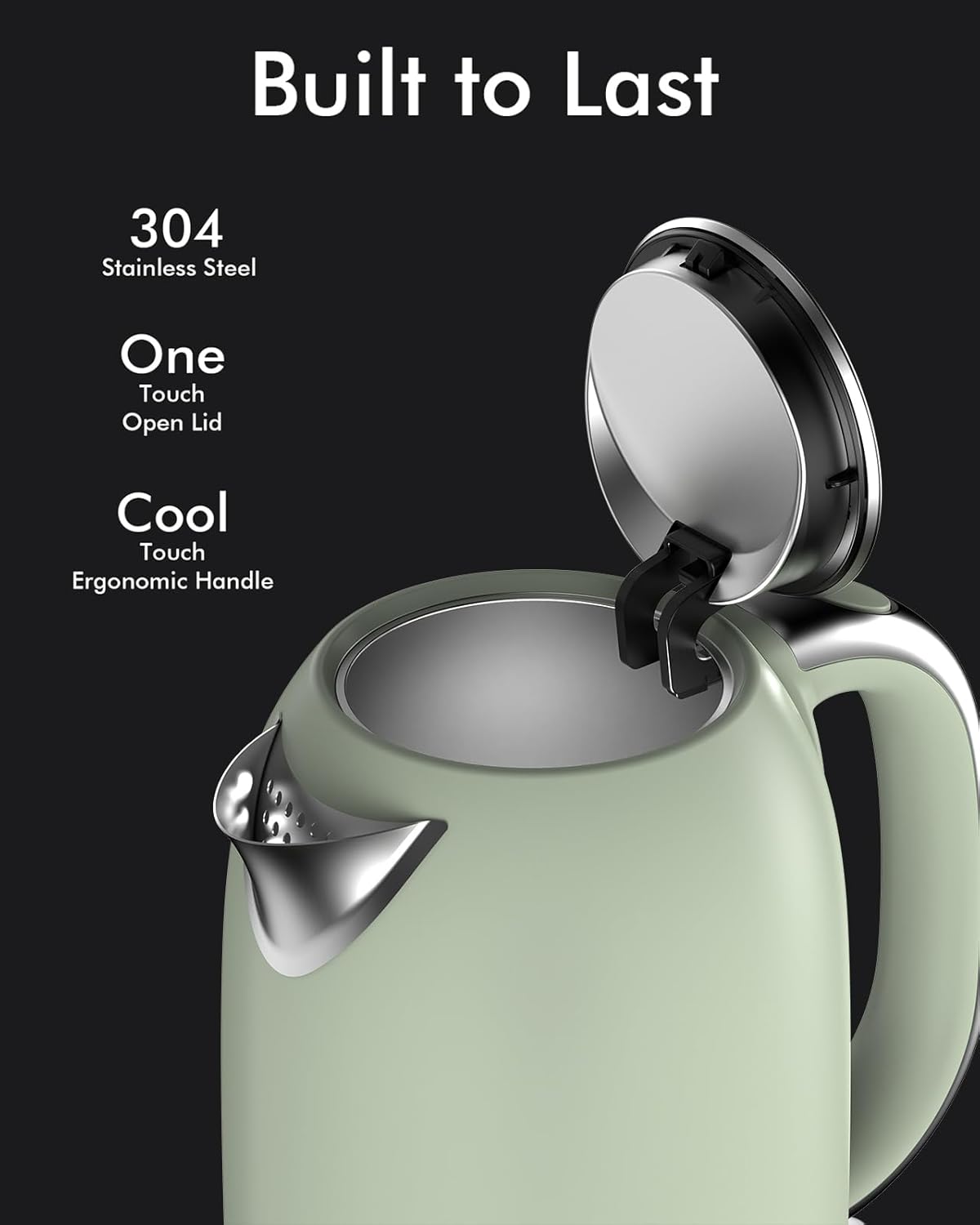 LONGDEEM Electric Tea Kettle for Boiling Water, Wide-Open Lid Stainless Steel Water Boiler, 1500W/1.7L for Coffee/Tea Brewing, Auto Shut-Off & Boil-Dry Protection, Cordless Swivel Base & LED Indicator, Green