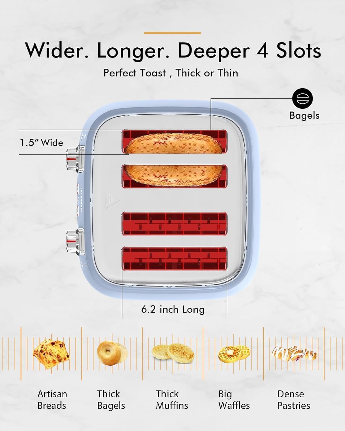 LONGDEEM Toaster 4 Slice, Extra Wide Slots Stainless Steel with High Lift Lever, Dual Independent Controls, Removable Crumb Tray (Blue)