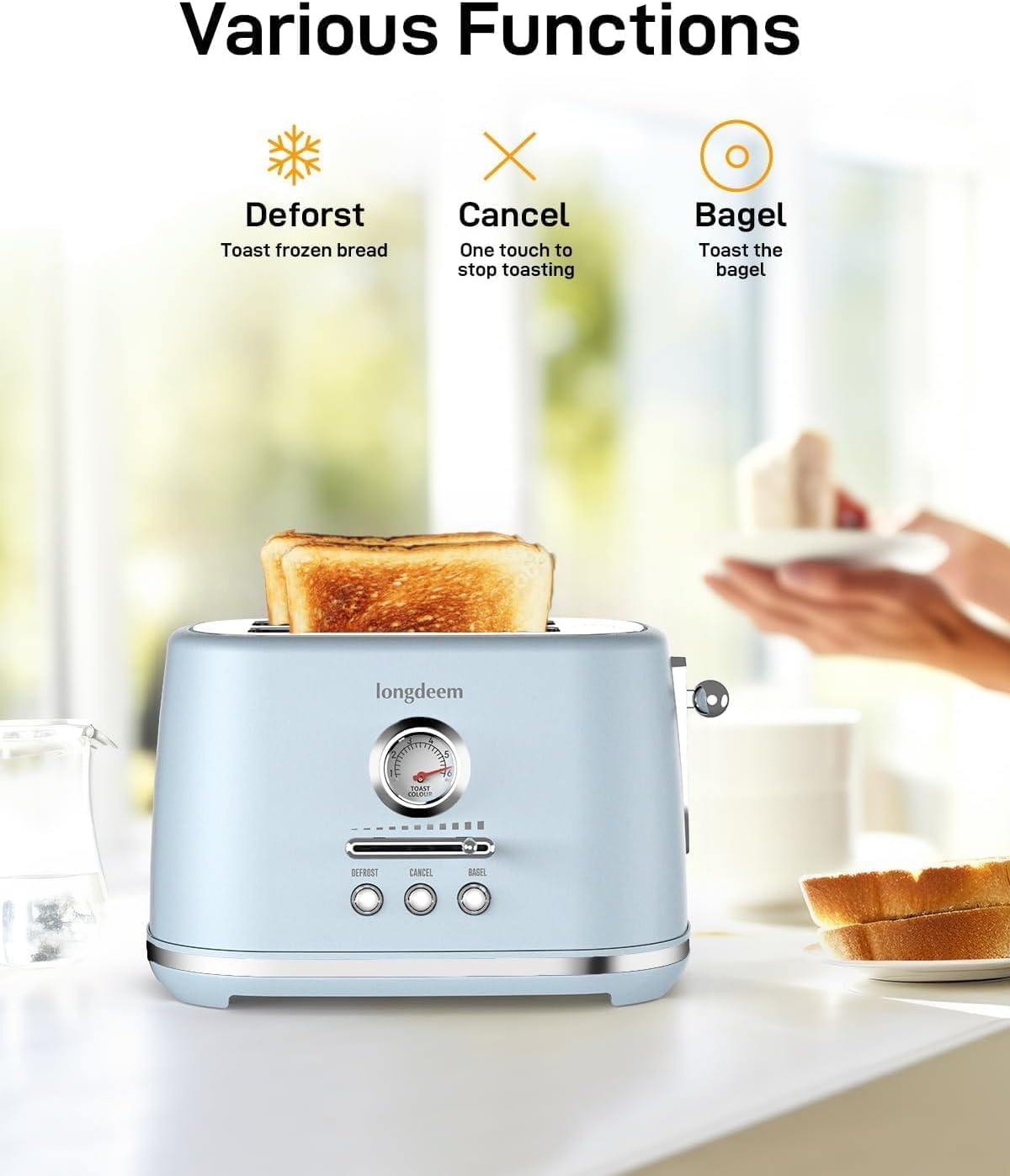 LONGDEEM 2 Slice Toaster, Wide Slots, Lift + Look, Auto-Off, & Frozen Modes for Toast, Bagels, Waffles & Fruity Breads, Modern Sleek Design, Easy-Clean Crumb Tray, Blue