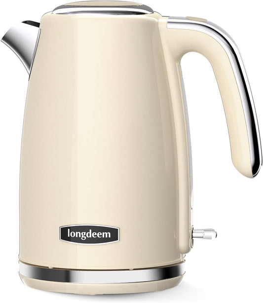 LONGDEEM Retro Style 1.7L Stainless Steel Electric Kettle-1500W Fast Boil, Auto Shut-Off, Dry Boil Protection, Filter & Water Gauge for Hot Water, Tea and Coffee (Cream)