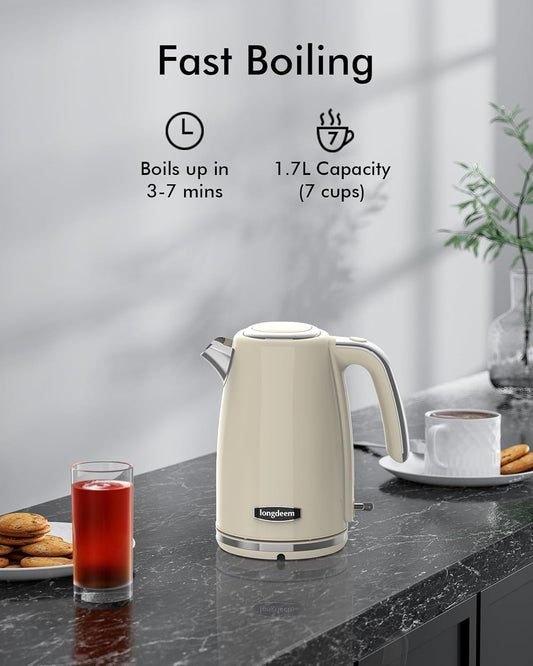 LONGDEEM Retro Style 1.7L Stainless Steel Electric Kettle-1500W Fast Boil, Auto Shut-Off, Dry Boil Protection, Filter & Water Gauge for Hot Water, Tea and Coffee (Cream)