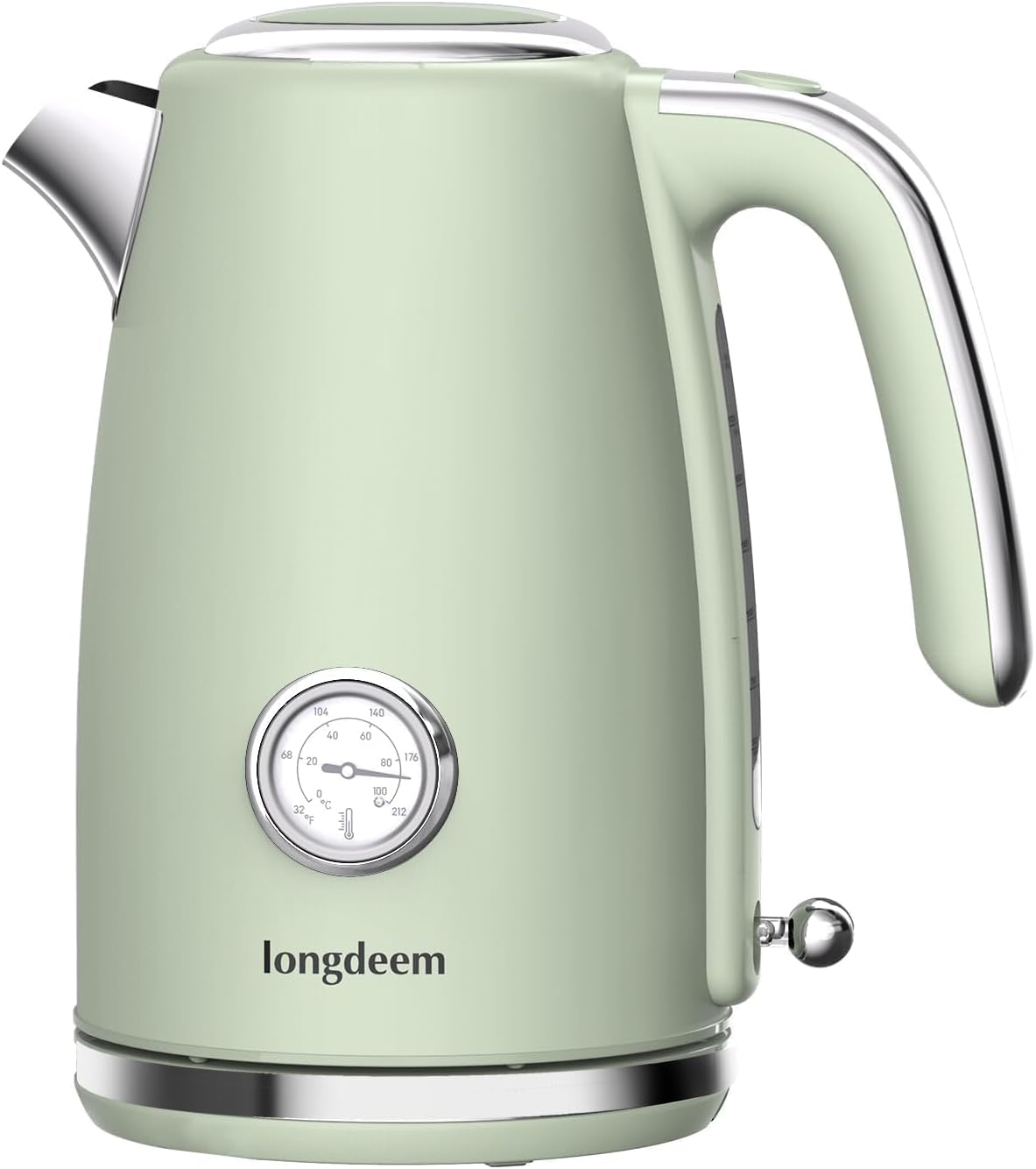 LONGDEEM Electric Tea Kettle for Boiling Water, Wide-Open Lid, Retro Green Stainless Steel with Thermometer, 1500W/1.7L for Coffee/Tea Brewing, Auto Shut-Off & Boil-Dry Protection, Cordless Swivel Base, Green