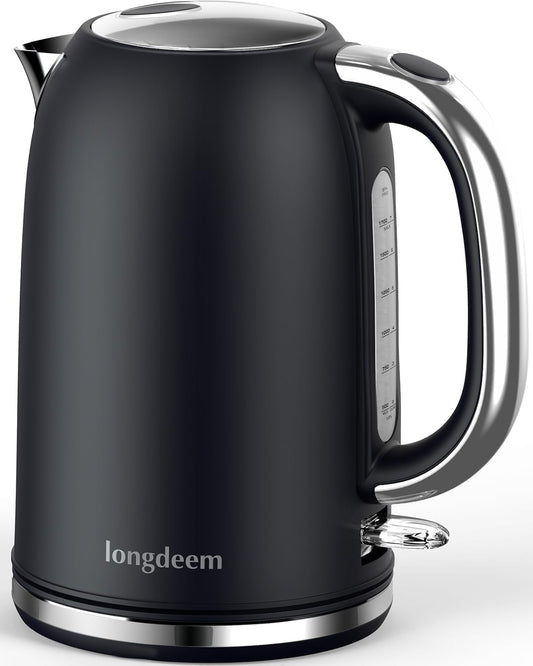 LONGDEEM Boiling Water Electric Tea Kettle, Wide Open Lid Stainless Steel Water Cooker, 1500W / 1.7L Coffee/Tea Brewing, Auto Shut Off and Boil Dry Protection, Cordless Rotating Base and LED Indicator, Black