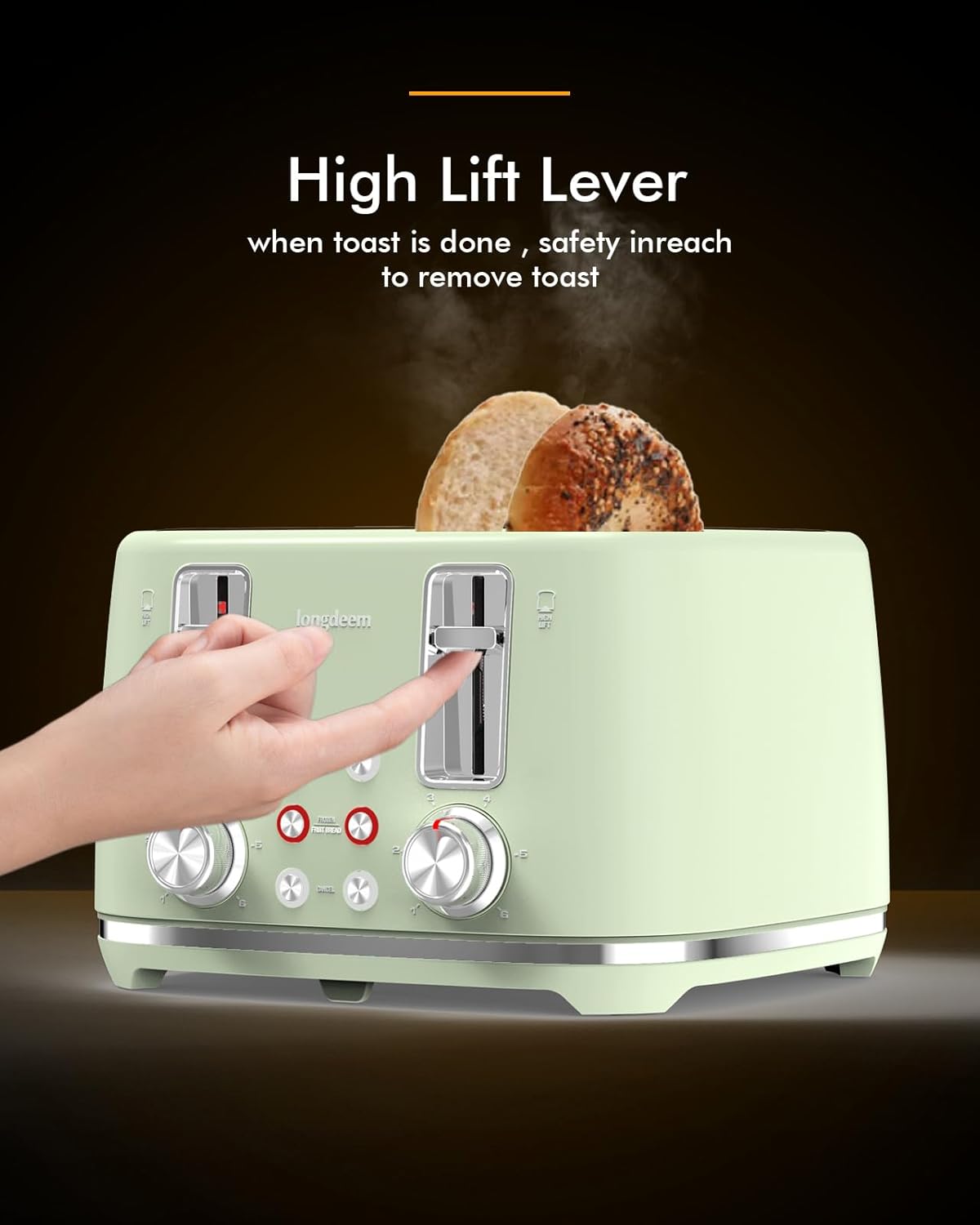 LONGDEEM 4 Slice Toaster, Extra Wide Slots, Longdeem Retro Stainless Steel Toasters, 6 Browning Options, Auto Shut Off & Frozen Function, Toast Fruit Bread, Bagel & Waffle, Pastel Green