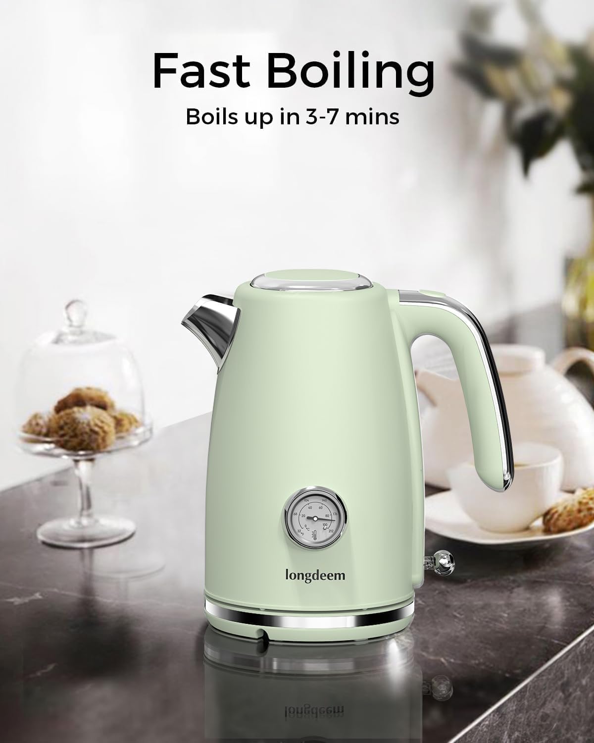 LONGDEEM Electric Tea Kettle for Boiling Water, Wide-Open Lid, Retro Green Stainless Steel with Thermometer, 1500W/1.7L for Coffee/Tea Brewing, Auto Shut-Off & Boil-Dry Protection, Cordless Swivel Base, Green