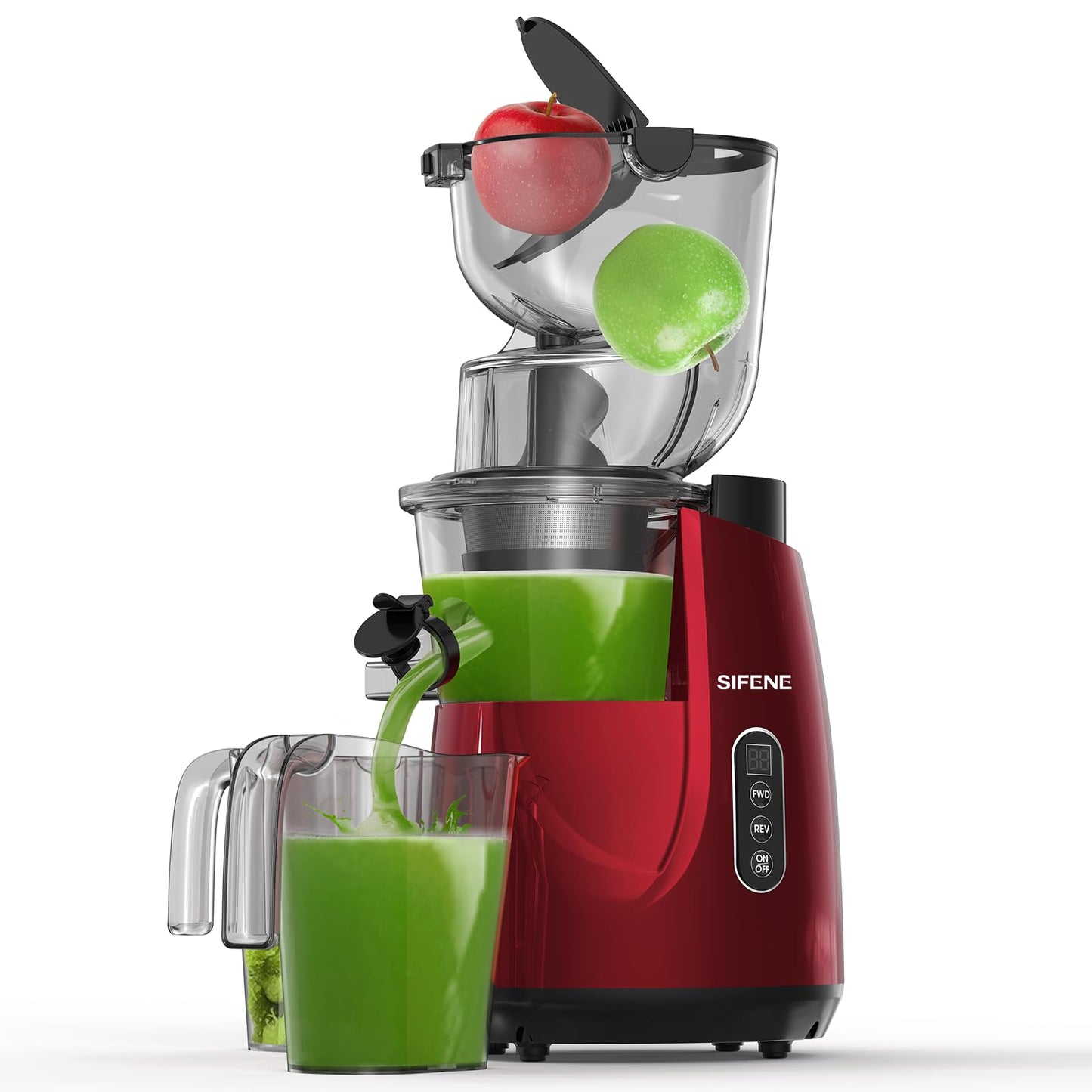 SIFENE Cold Press Juicer, Slow Masticating Juicer Machine with 54 RPM Professional Low Speed, 2-Speed Juice Extractor with Reverse for Celery, Ginger, Apples & Carrots, 800ml High Yield, Red