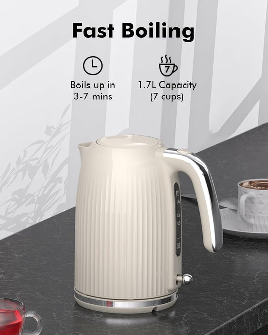 LONGDEEM 1.7L Electric Kettle-Quick Boil, 1500W, Non-BPA, Safety Auto Shut-Off, Boil-Dry Protection, Easy Clean with Wide Opening, Heat-Resistant Handle, 360°Swivel Base, Cream