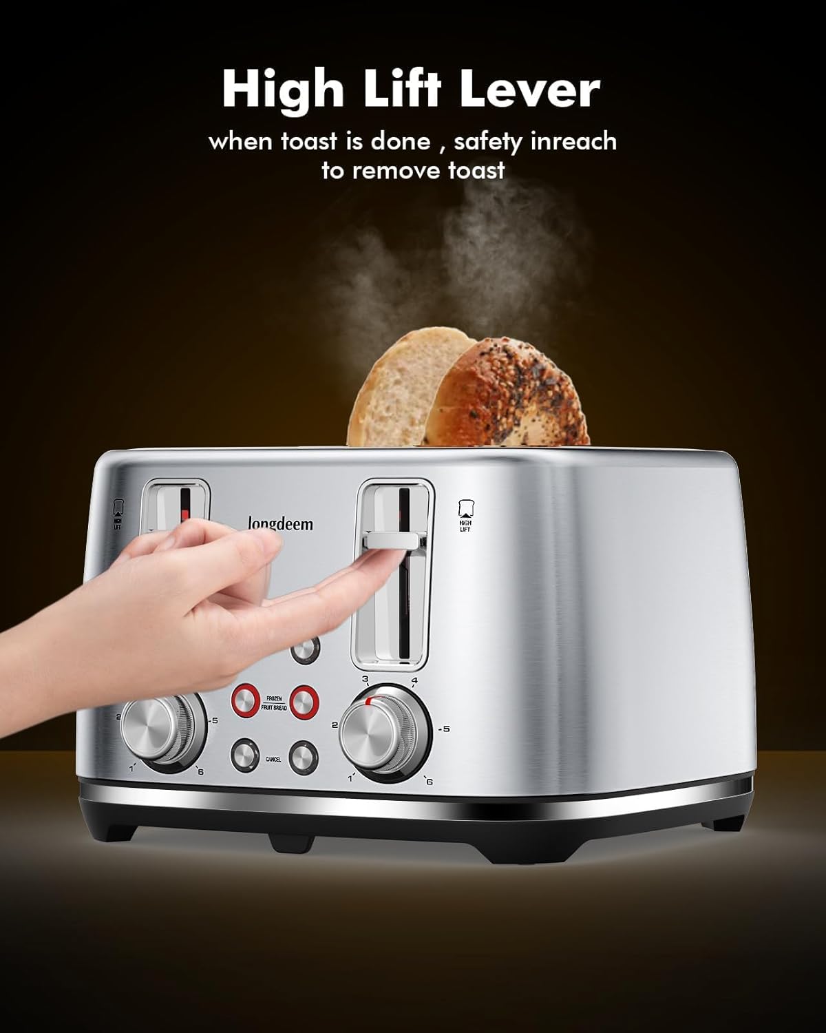 LONGDEEM Retro 4 Slice Toaster with Stainless Steel Wide Slots & Removable Crumb Tray, 6 Browning Options, Auto Shut Off & Frozen Function for Fruit Bread, Bagel, Waffle, Silver