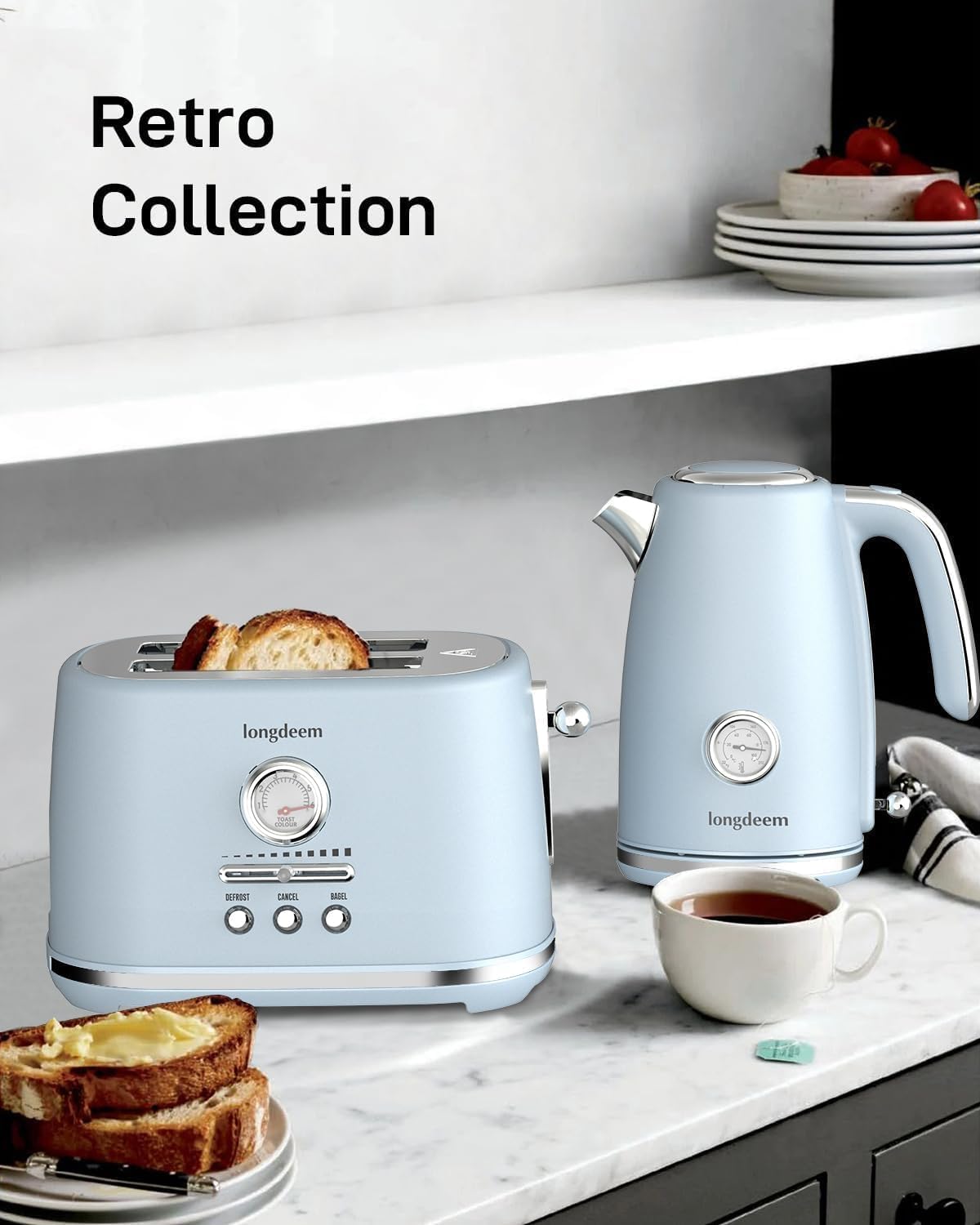 LONGDEEM 2 Slice Toaster, Wide Slots, Lift + Look, Auto-Off, & Frozen Modes for Toast, Bagels, Waffles & Fruity Breads, Modern Sleek Design, Easy-Clean Crumb Tray, Blue