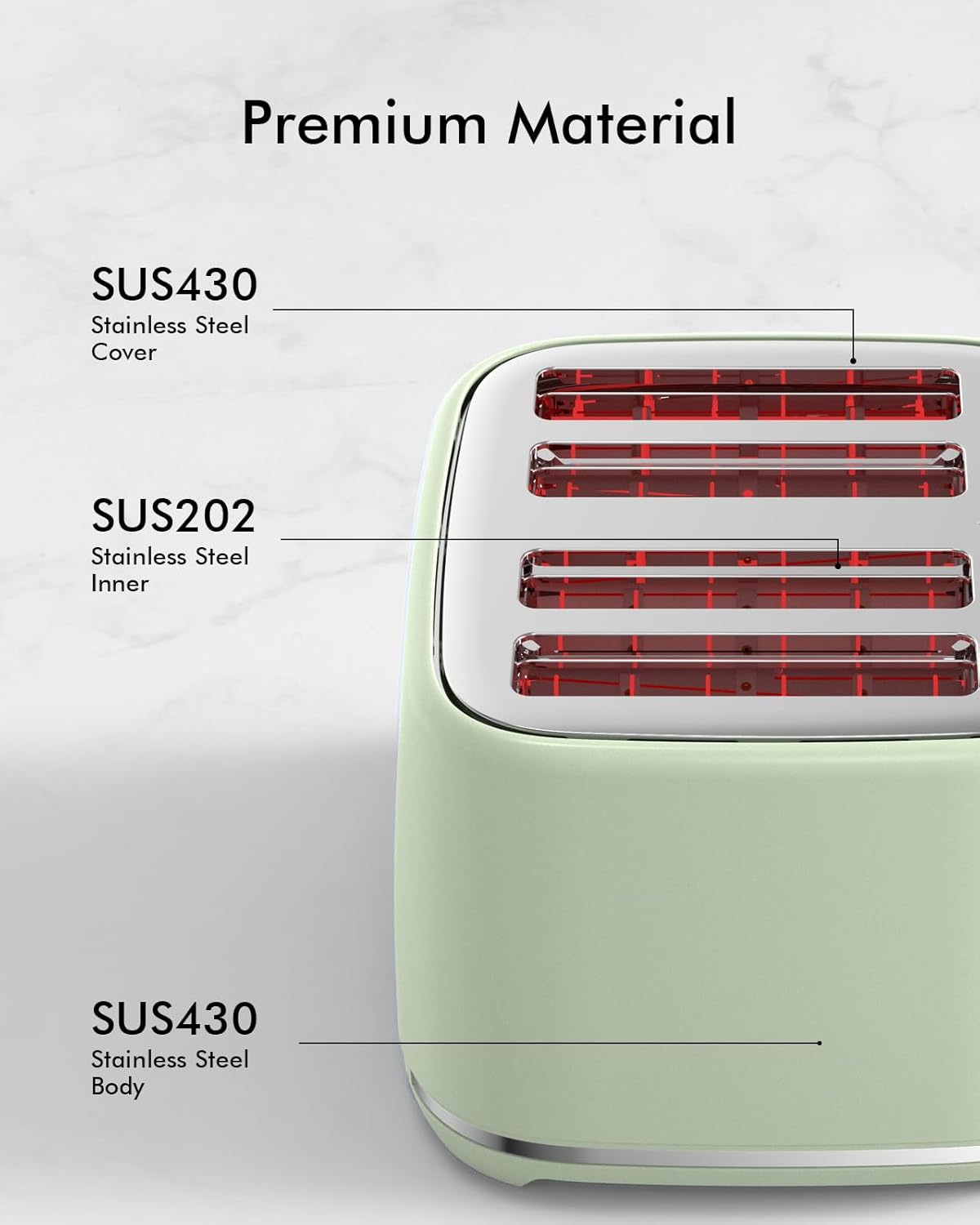 LONGDEEM 4 Slice Toaster, Extra Wide Slots, Longdeem Retro Stainless Steel Toasters, 6 Browning Options, Auto Shut Off & Frozen Function, Toast Fruit Bread, Bagel & Waffle, Pastel Green