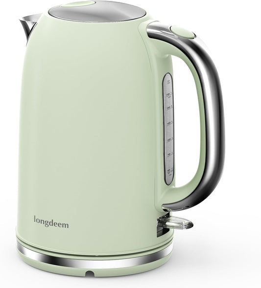 LONGDEEM Electric Tea Kettle for Boiling Water, Wide-Open Lid Stainless Steel Water Boiler, 1500W/1.7L for Coffee/Tea Brewing, Auto Shut-Off & Boil-Dry Protection, Cordless Swivel Base & LED Indicator, Green