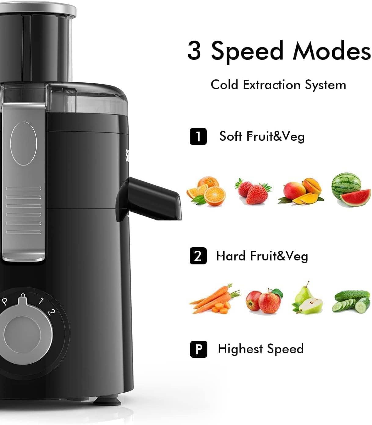 Juicer Machines, SiFENE Compact Centrifugal Juicer Extractor, Juice Maker for Vegetable and Fruit with 3-Speed Setting, Non-BPA, Easy to Clean, Black