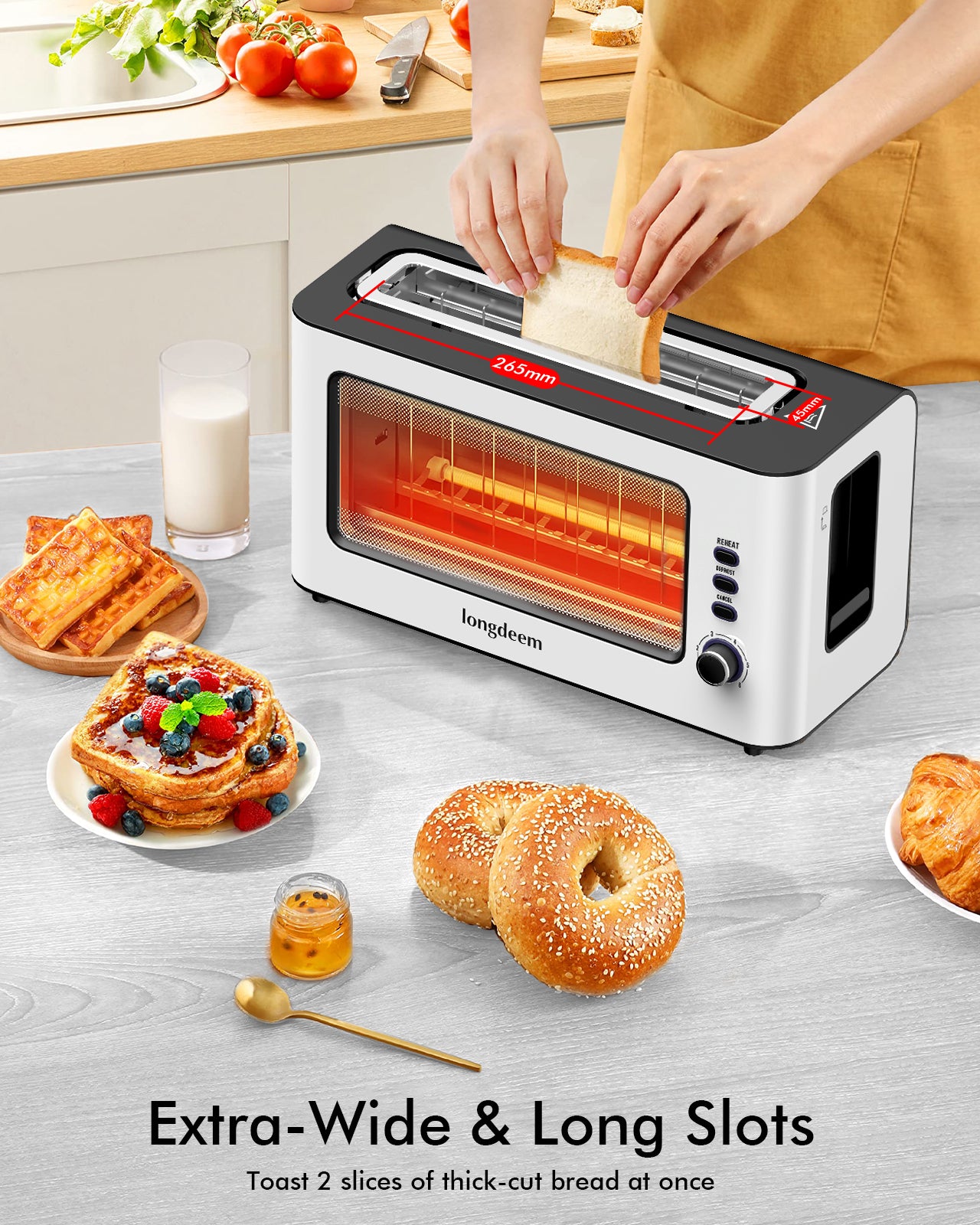 LONGDEEM 2 Slice Toaster 1.75" Extra Wide Slots, See-Through Window 6-Shade Settings & Bagel/Defrost/Cancel Function, Removal Crumb Tray & Under Base Cord Storage