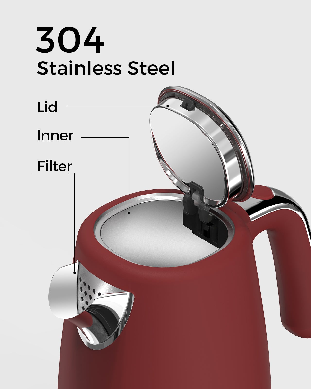 Longdeem Retro Electric Tea Kettles 1500W for Boiling Water, 1.7L Stainless Steel Hot Water Boiler with Automatic Shut Off & Boil-Dry Protection, BPA Free, Red