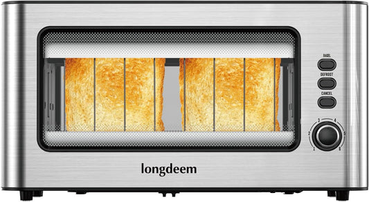 LONGDEEM Clear View Toaster, LONGDEEM 1.75'' Wide Slot,10.2" Extra Long Slot Glass Toasters Stainless Steel 2 Slice with 6 Browning Control for Bagel, Defrost & Auto Shut Off with Removable Crumb Tray, Silver