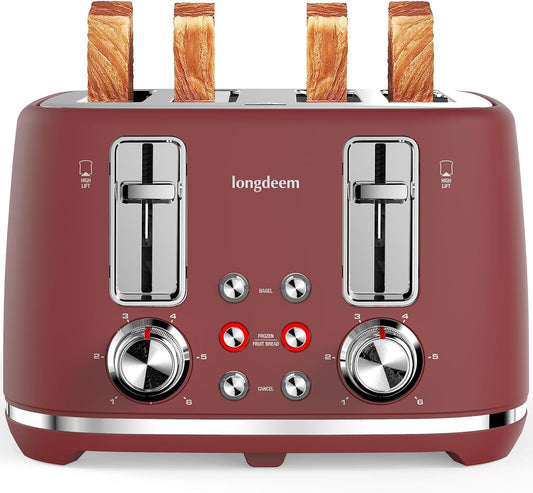 4 Slice Toaster, Extra Wide Slots, Longdeem Retro Stainless Steel Toasters, 6 Browning Options, Auto Shut Off & Frozen Function, Toast Fruit Bread, Bagel & Waffle, Red