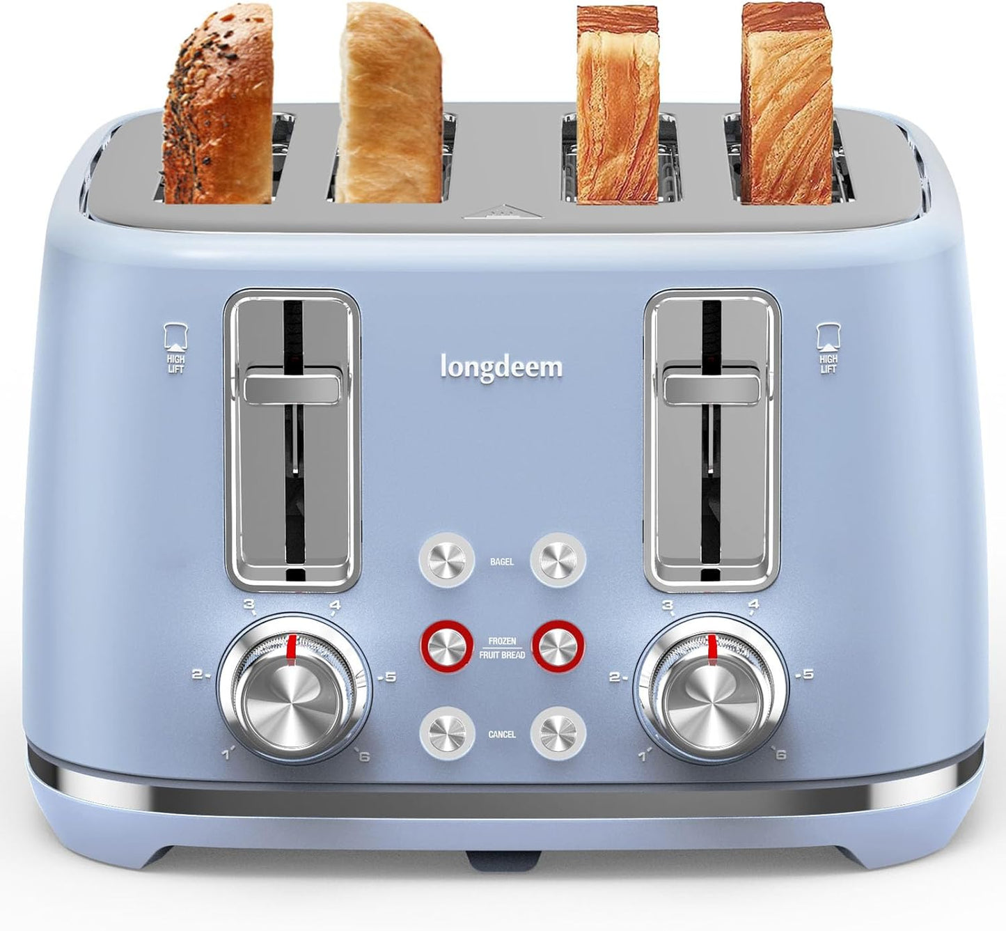 LONGDEEM Toaster 4 Slice, Extra Wide Slots Stainless Steel with High Lift Lever, Dual Independent Controls, Removable Crumb Tray (Blue)