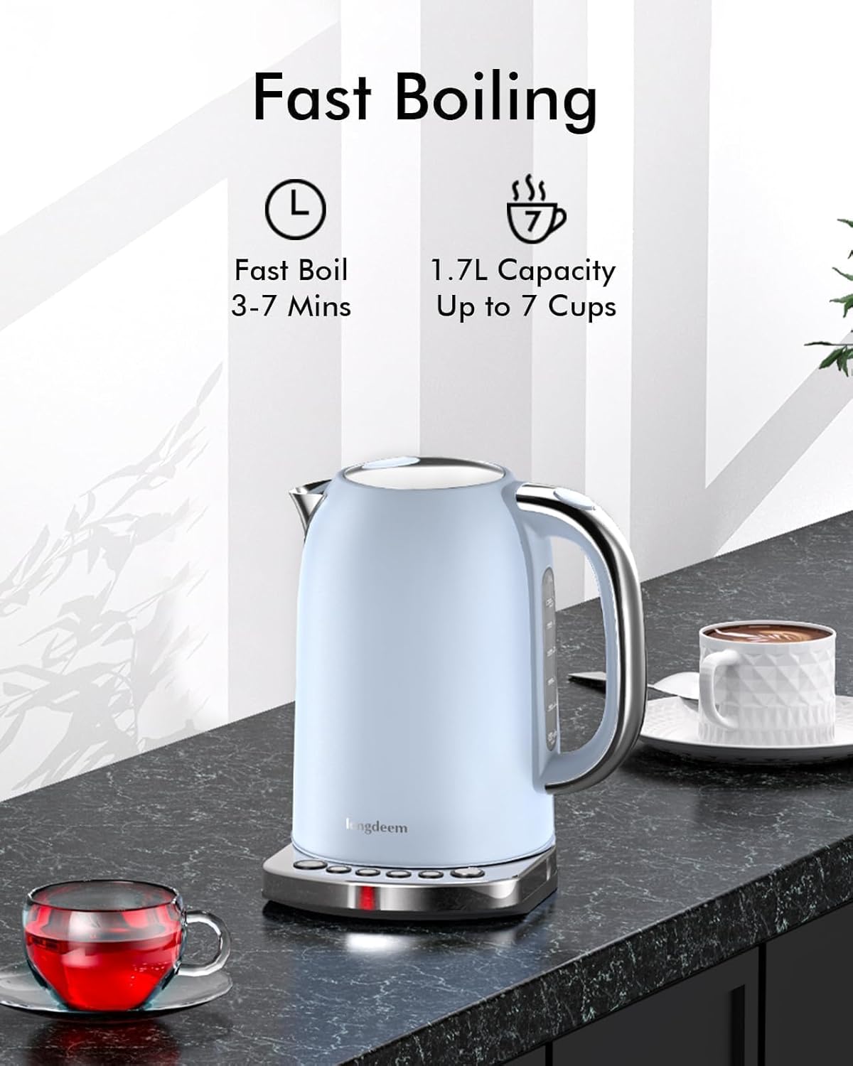 LONGDEEM Electric Kettle - 5 Temp Control Presets, Great for Rapid Coffee/Tea Brewing, Quick Hot Water Boiler, Sturdy Stainless Steel Inner Lid & Bottom, High Power 1500W/1.7L, Blue