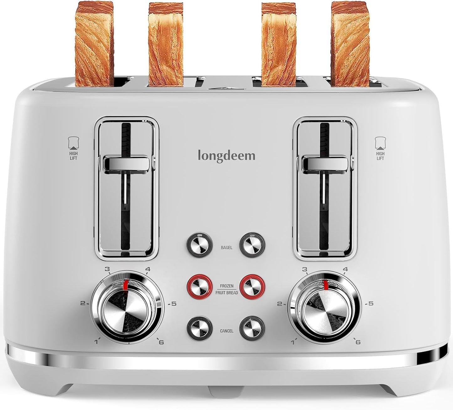 LONGDEEM 4 Slice Toaster with Extra Wide Slots & Removable Crumb Tray, Longdeem Retro Stainless Steel Toasters, High Lift, Auto Shut Off & Frozen Function, Toast Fruit Bread, Bagel & Waffle, White