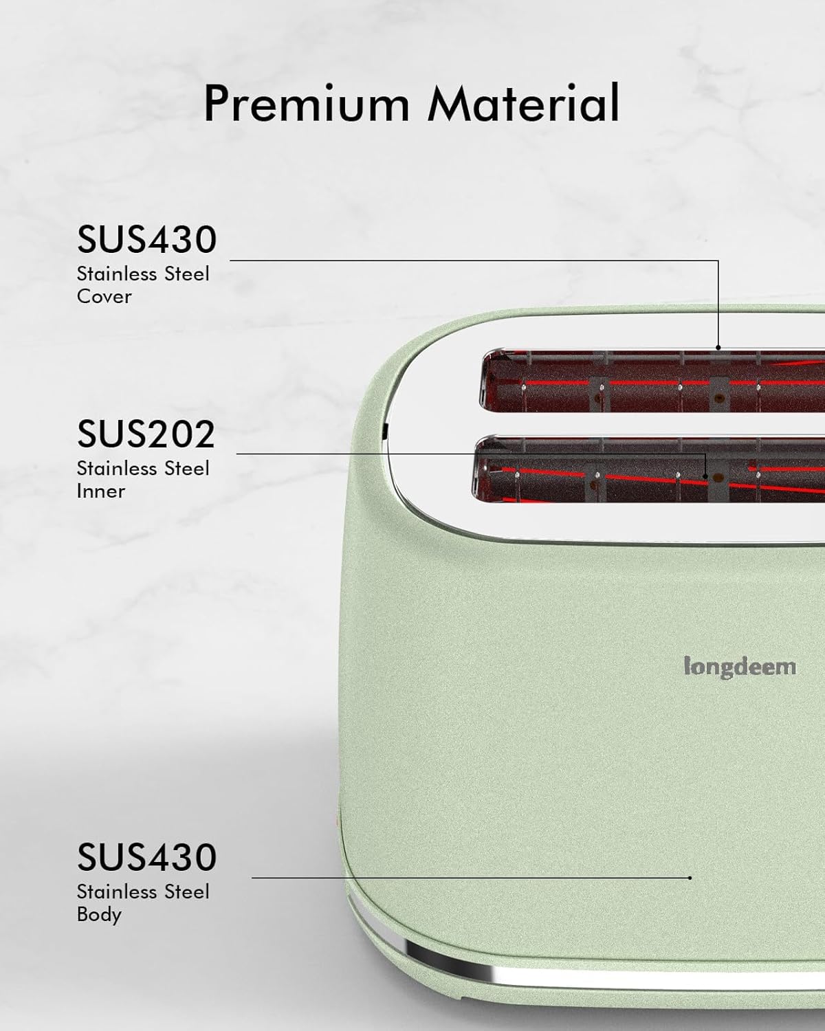 LONGDEEM 2 Slice Toaster, Wide Slots,High Lift, Auto-Off, & Frozen Modes for Toast, Bagels, Waffles & Fruity Breads, Modern Sleek Design, Easy-Clean Crumb Tray, Green