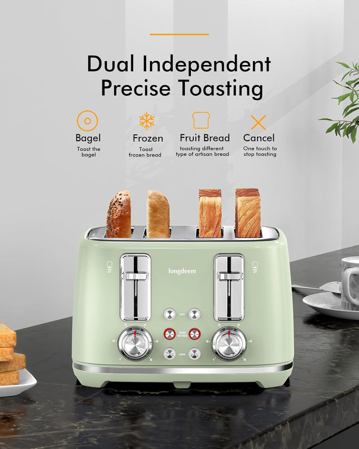 LONGDEEM 4 Slice Toaster, Extra Wide Slots, Longdeem Retro Stainless Steel Toasters, 6 Browning Options, Auto Shut Off & Frozen Function, Toast Fruit Bread, Bagel & Waffle, Pastel Green