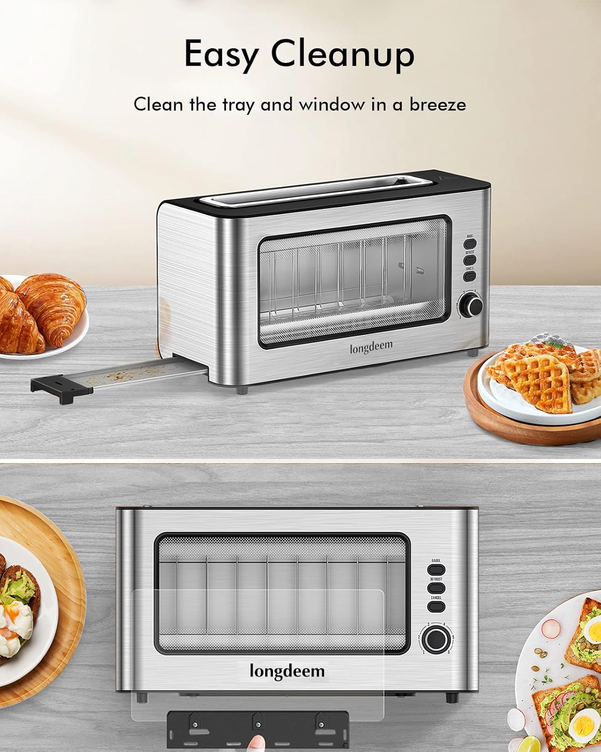 LONGDEEM Clear View Toaster, LONGDEEM 1.75'' Wide Slot,10.2" Extra Long Slot Glass Toasters Stainless Steel 2 Slice with 6 Browning Control for Bagel, Defrost & Auto Shut Off with Removable Crumb Tray, Silver