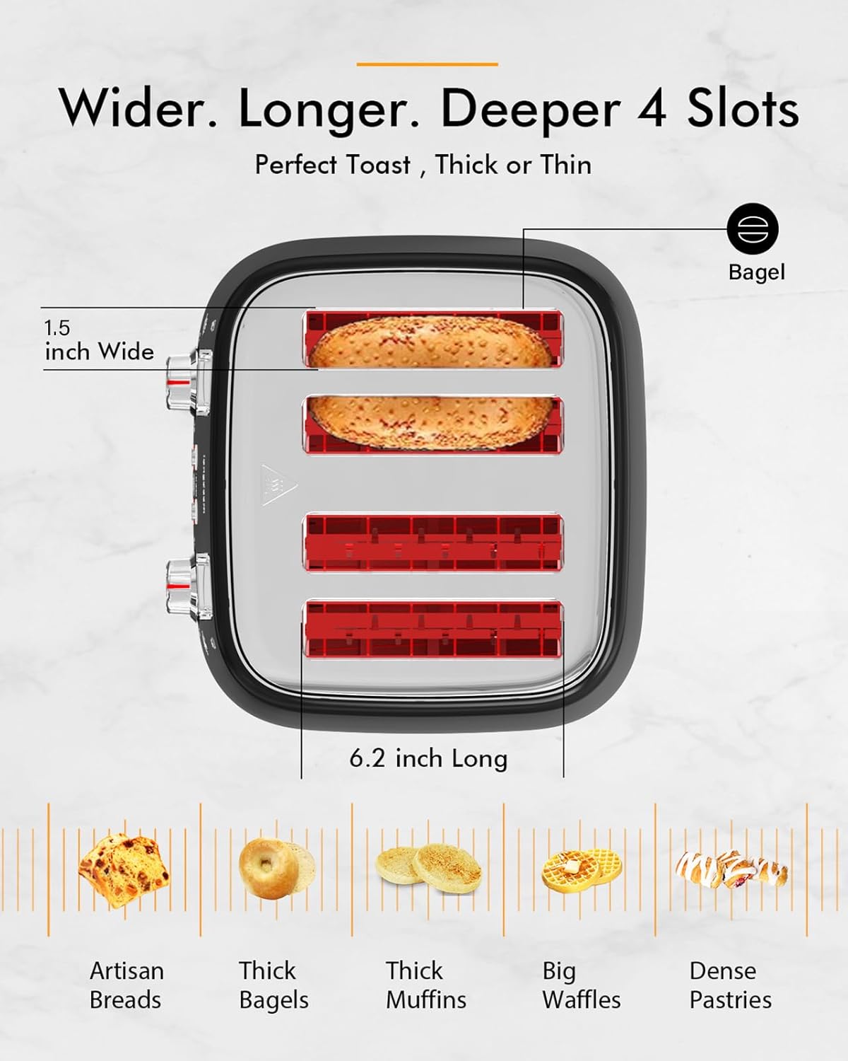 LONGDEEM 4 Slice Toaster, 1.5" Extra Wide Stainless Steel Slots, High Lift Lever, Dual Controls, Removable Crumb Tray, 6 Shade Settings, Bagel & Frozen, Black