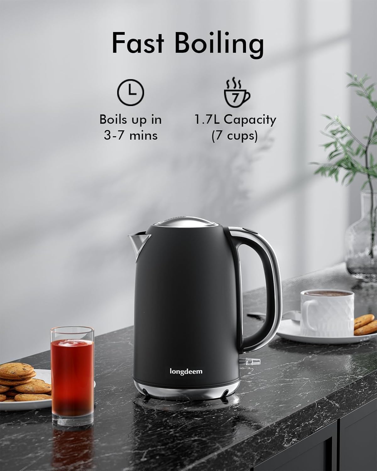 LONGDEEM Boiling Water Electric Tea Kettle, Wide Open Lid Stainless Steel Water Cooker, 1500W / 1.7L Coffee/Tea Brewing, Auto Shut Off and Boil Dry Protection, Cordless Rotating Base and LED Indicator, Black