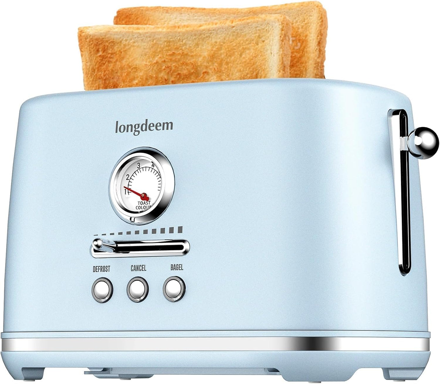 LONGDEEM 2 Slice Toaster, Wide Slots, Lift + Look, Auto-Off, & Frozen Modes for Toast, Bagels, Waffles & Fruity Breads, Modern Sleek Design, Easy-Clean Crumb Tray, Blue