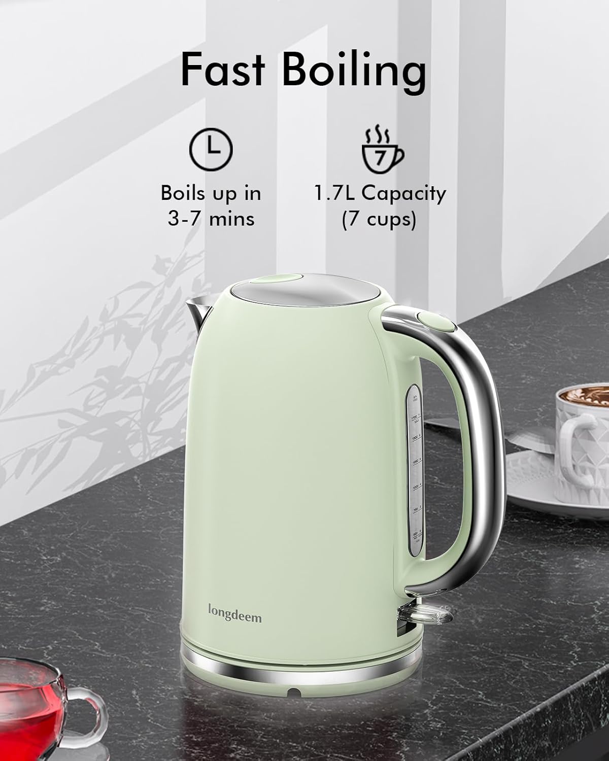 LONGDEEM Electric Tea Kettle for Boiling Water, Wide-Open Lid Stainless Steel Water Boiler, 1500W/1.7L for Coffee/Tea Brewing, Auto Shut-Off & Boil-Dry Protection, Cordless Swivel Base & LED Indicator, Green