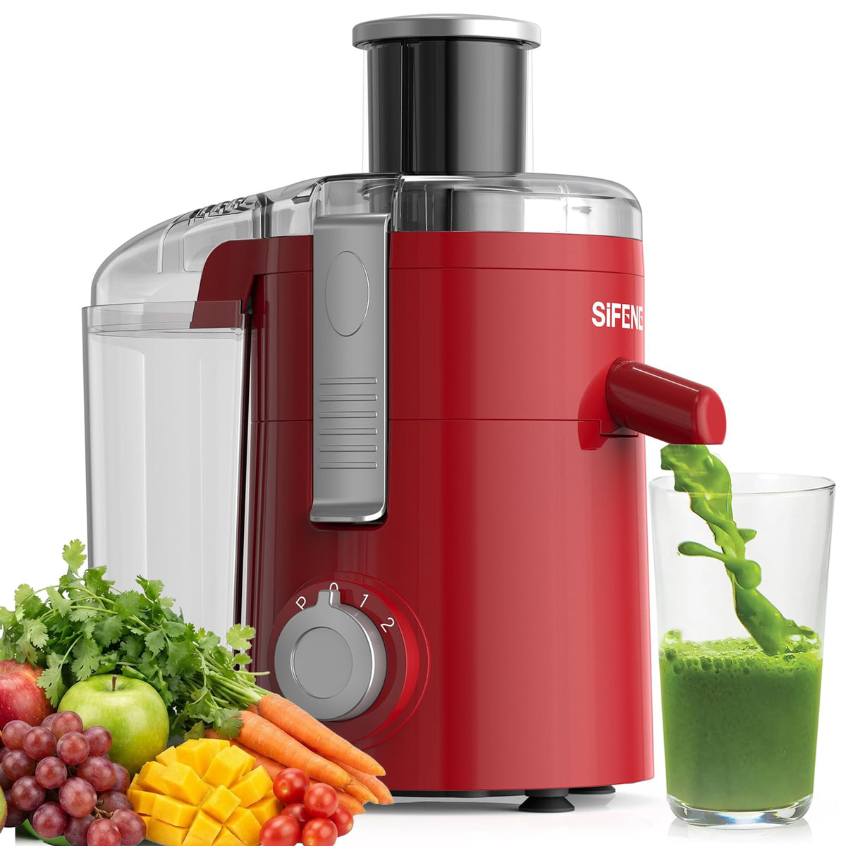 SIFENE Centrifugal Juicer Machine, 350W, 2.5" Chute, 3-Speed, BPA-Free, Red