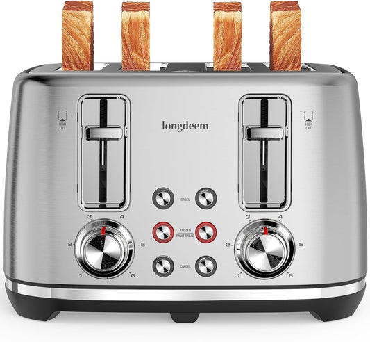 LONGDEEM Retro 4 Slice Toaster with Stainless Steel Wide Slots & Removable Crumb Tray, 6 Browning Options, Auto Shut Off & Frozen Function for Fruit Bread, Bagel, Waffle, Silver