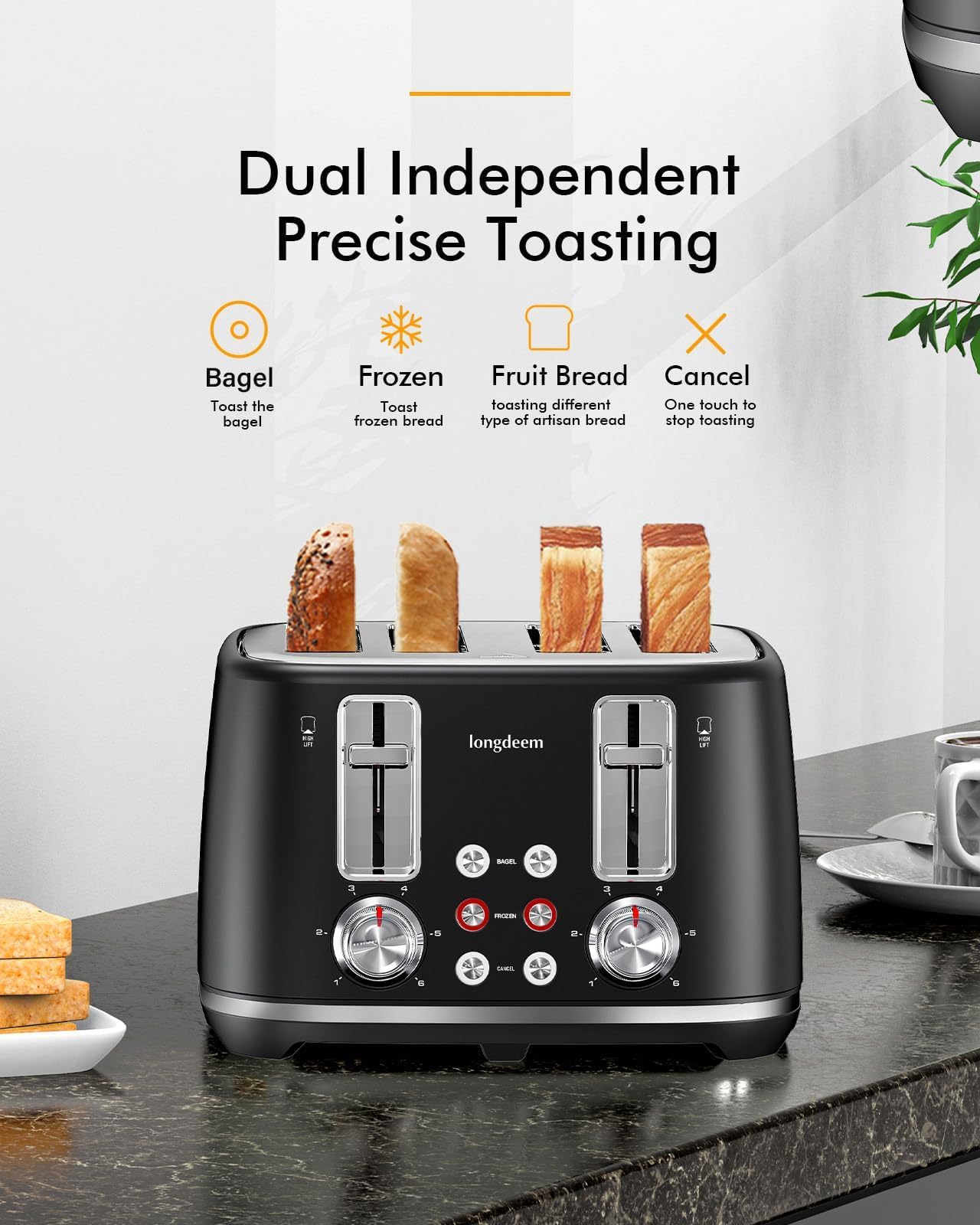 4 Slice Toaster, 1.5" Extra Wide Stainless Steel Slots, High Lift Lever, Dual Controls, Removable Crumb Tray, 6 Shade Settings, Bagel & Frozen, Black