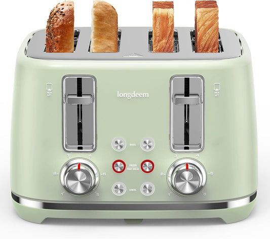 LONGDEEM 4 Slice Toaster, Extra Wide Slots, Longdeem Retro Stainless Steel Toasters, 6 Browning Options, Auto Shut Off & Frozen Function, Toast Fruit Bread, Bagel & Waffle, Pastel Green