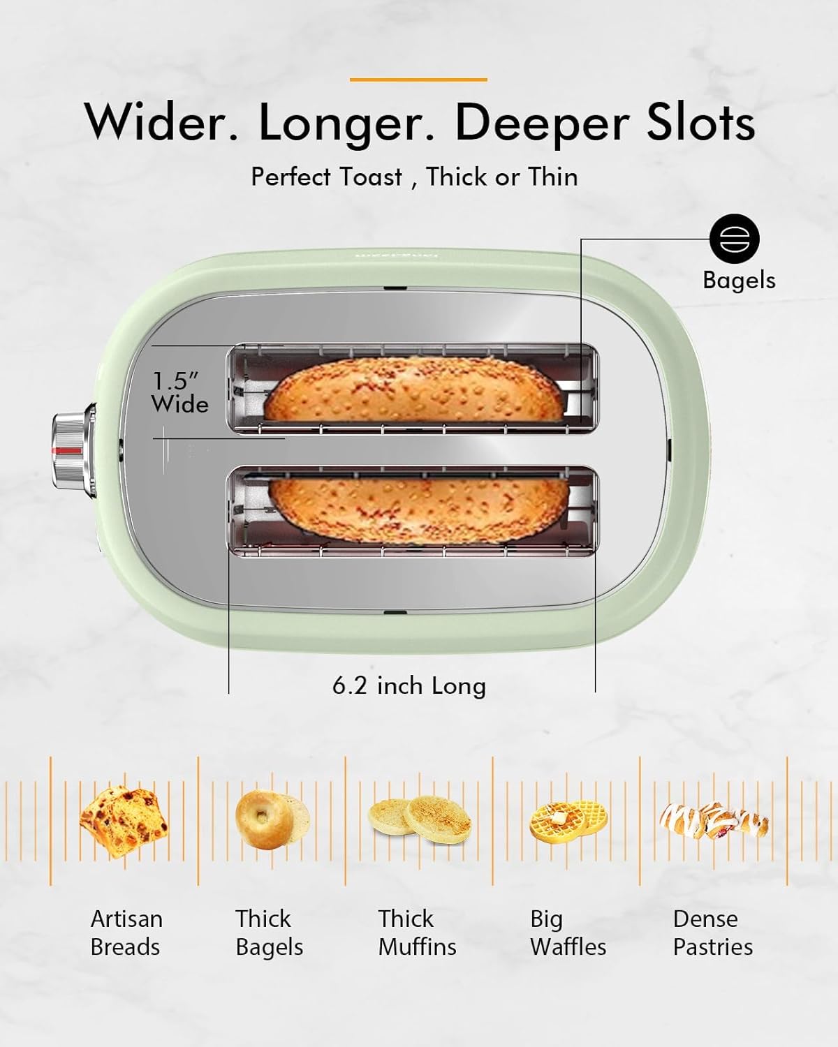 LONGDEEM 2 Slice Toaster, Wide Slots,High Lift, Auto-Off, & Frozen Modes for Toast, Bagels, Waffles & Fruity Breads, Modern Sleek Design, Easy-Clean Crumb Tray, Green