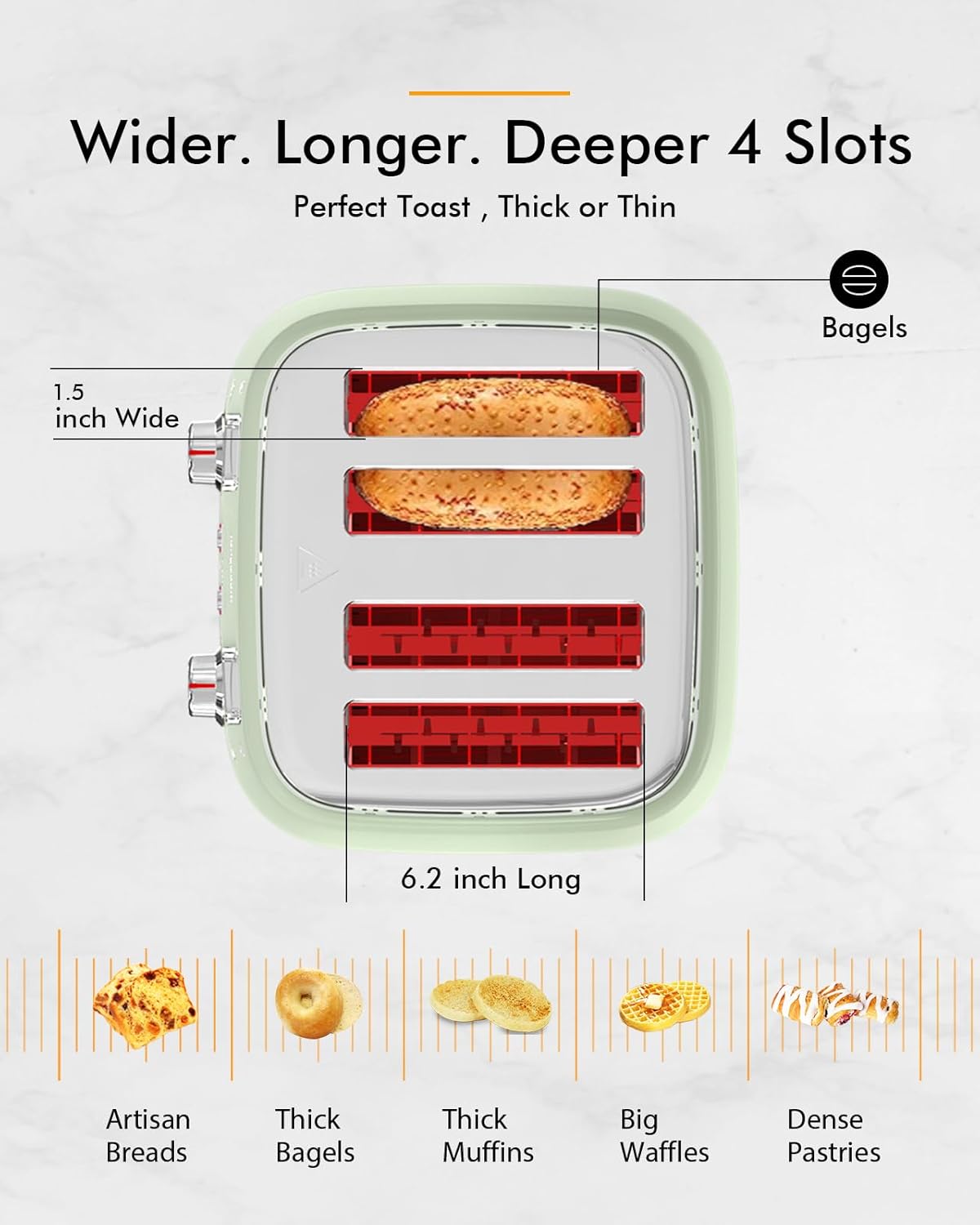 LONGDEEM 4 Slice Toaster, Extra Wide Slots, Longdeem Retro Stainless Steel Toasters, 6 Browning Options, Auto Shut Off & Frozen Function, Toast Fruit Bread, Bagel & Waffle, Pastel Green