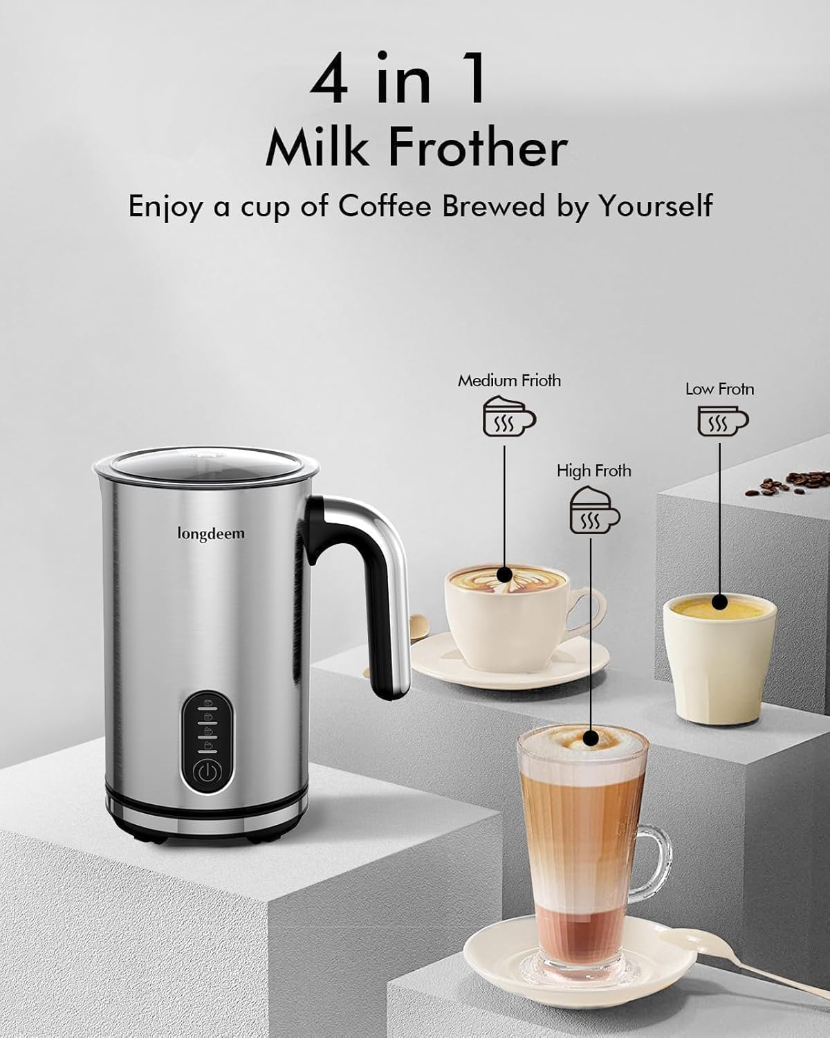 LONGDEEM Milk Frother, 4-in-1 Electric Milk Foamer with Cold & Hot Froth for Latte Cappuccino - Automatic Coffee Foam Maker, Stainless Steel, 10 oz/5 oz, Non-Stick Coating with Auto Shut-Off, Silver