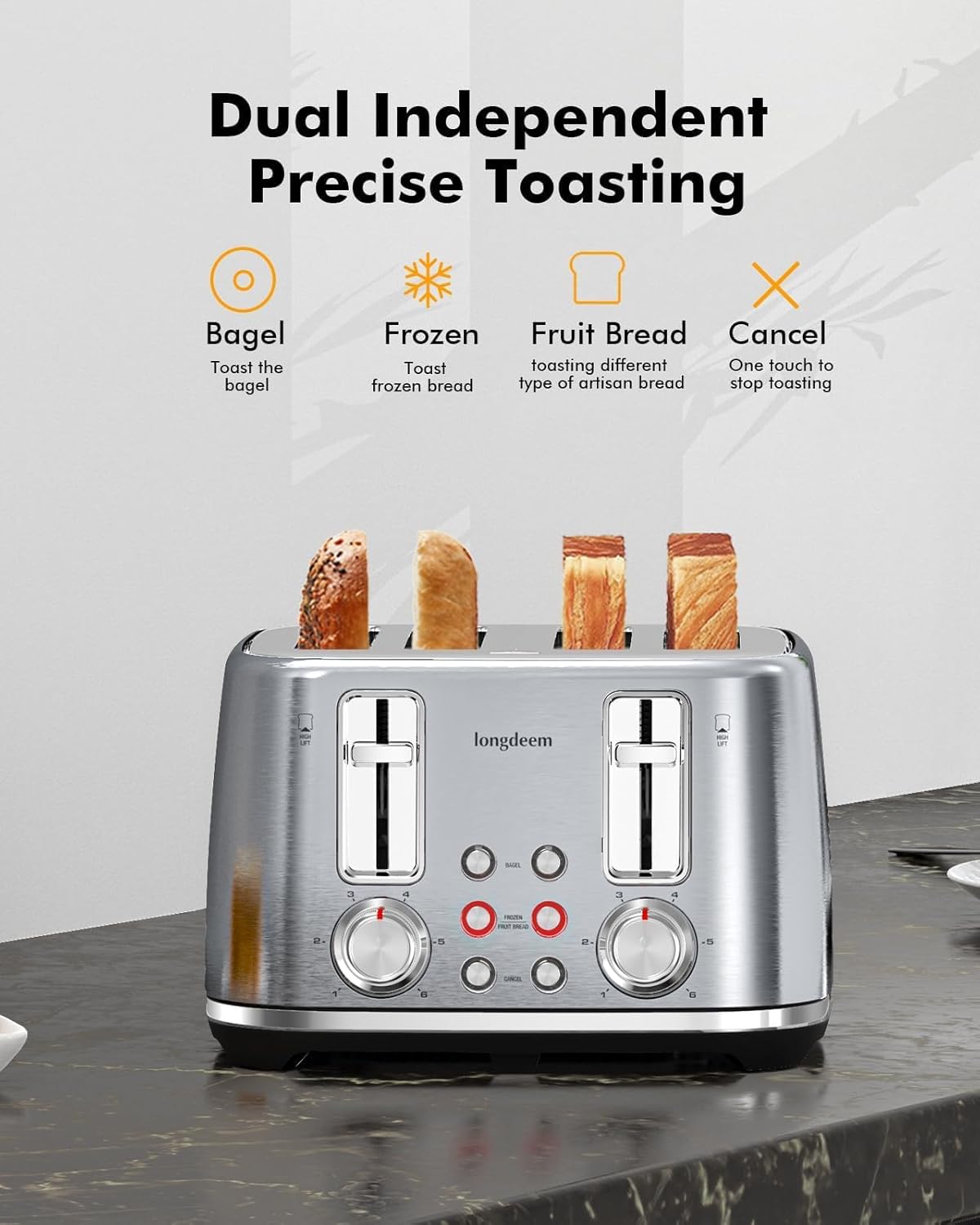 LONGDEEM Retro 4 Slice Toaster with Stainless Steel Wide Slots & Removable Crumb Tray, 6 Browning Options, Auto Shut Off & Frozen Function for Fruit Bread, Bagel, Waffle, Silver