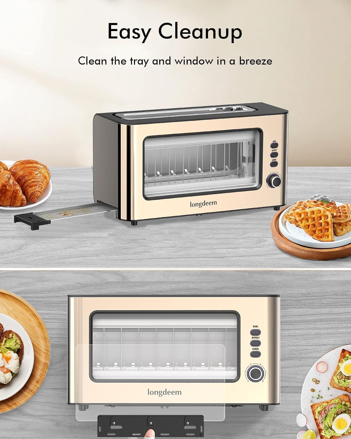 LONGDEEM Clear View Toaster, LONGDEEM 1.75'' Extra Long Slot Glass Toasters Stainless Steel 2 Slice with 6 Browning Control for Bagel, Defrost & Auto Shut Off with Removable Crumb Tray, Gold