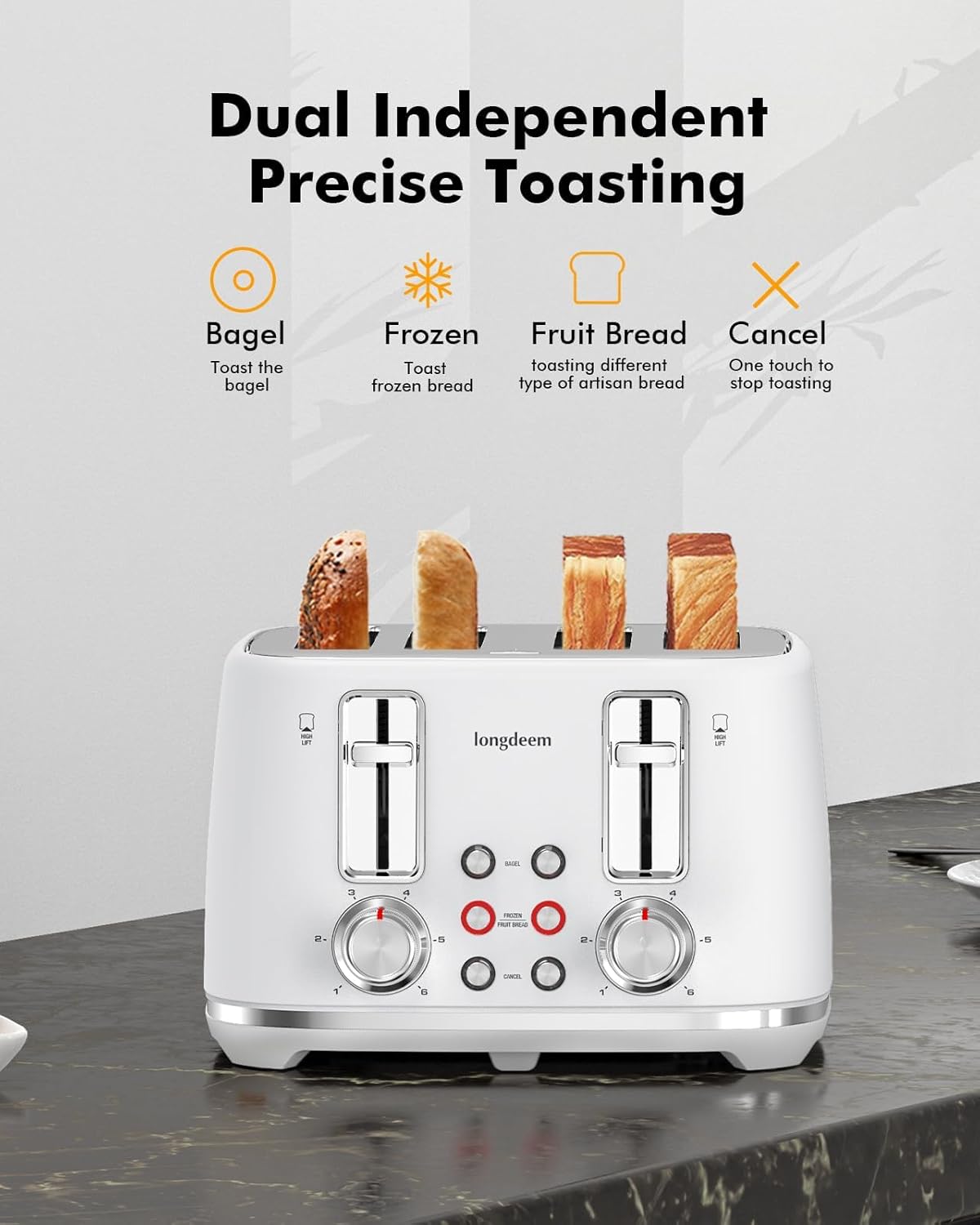 LONGDEEM 4 Slice Toaster with Extra Wide Slots & Removable Crumb Tray, Longdeem Retro Stainless Steel Toasters, High Lift, Auto Shut Off & Frozen Function, Toast Fruit Bread, Bagel & Waffle, White